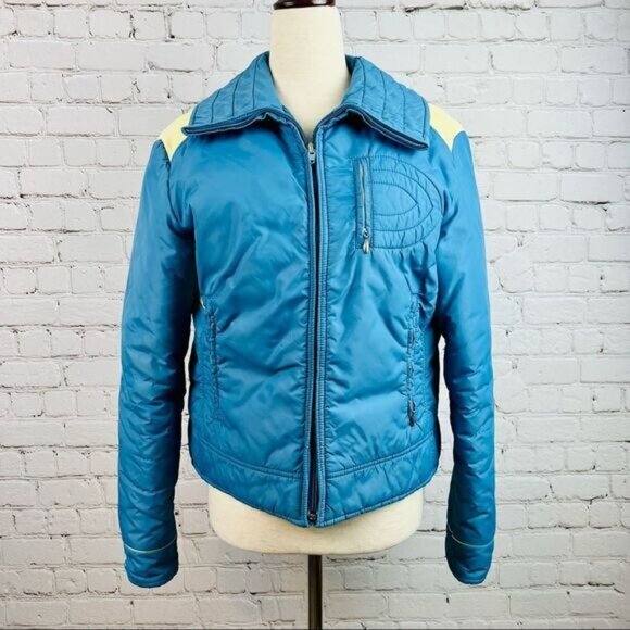 Vintage 70s Robbe Skiwear Apres Ski Outerwear Down Puffer Jacket Blue M - Picture 1 of 16